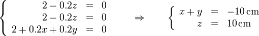 \left\{\begin{array}{rcl} 2-0.2z & = & 0 \\ 2-0.2 z & = & 0 \\ 2+0.2x+0.2y & = & 0\end{array}\right.\qquad\Rightarrow\qquad \left\{\begin{array}{rcl} x+y & = & -10\,\mathrm{cm} \\ z & = & 10\,\mathrm{cm} \end{array}\right.