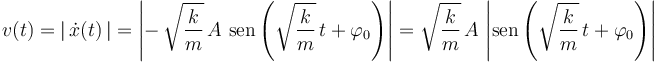 
v(t)=|\,\dot{x}(t)\,|=\left|-\,\sqrt{\frac{k}{m}}\,A\,\,\mathrm{sen}\left(\sqrt{\frac{k}{m}}\,t+\varphi_0\right)\right|=\sqrt{\frac{k}{m}}\,A\,\left|\mathrm{sen}\left(\sqrt{\frac{k}{m}}\,t+\varphi_0\right)\right|
