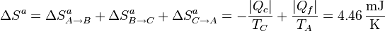 \Delta S^a =\Delta S^a_{A\to B}+\Delta S^a_{B\to C}+\Delta S^a_{C\to A} = -\frac{|Q_c|}{T_C}+\frac{|Q_f|}{T_A}=4.46\,\frac{\mathrm{mJ}}{\mathrm{K}}