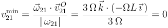 
v^{\mathrm{min}}_{21}=\frac{\vec{\omega}_{21}\cdot\vec{v}^{\, O}_{21}}{|\,\omega_{21}|}=\frac{3\,\Omega\,\vec{k}\cdot(-\Omega L\,\vec{\imath}\,)}{3\,\Omega}=0
