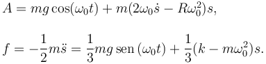 
\begin{array}{l}
A = mg\cos(\omega_0t) + m(2\omega_0\dot{s} - R\omega_0^2)s,\\
\\
f = -\dfrac{1}{2}m\ddot{s} = \dfrac{1}{3}mg\,\mathrm{sen}\,(\omega_0t) + \dfrac{1}{3}(k-m\omega_0^2)s.
\end{array}
