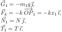 
\begin{array}{l}
\vec{G}_1 = -m_1 g \vec{\jmath}, \\
\vec{F}_k = -k\,\overrightarrow{OP}_1 = -kx_1\,\vec{\imath},\\
\vec{N}_1 = N\,\vec{\jmath},\\
\vec{T}_1 = T\,\vec{\imath}.
\end{array}
