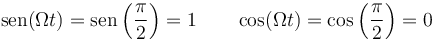 \mathrm{sen}(\Omega t)=\mathrm{sen}\left(\frac{\pi}{2}\right)=1\qquad \cos(\Omega t)=\cos\left(\frac{\pi}{2}\right)=0