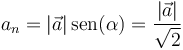 a_n=\left|\vec{a}\right|\mathrm{sen}(\alpha)=\frac{|\vec{a}|}{\sqrt{2}}