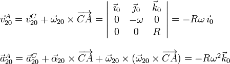 
  \begin{array}{l}
    \vec{v}_{20}^A = \vec{v}_{20}^C+\vec{\omega}_{20}\times\overrightarrow{CA}=
    \left|
      \begin{array}{ccc}
        \vec{\imath}_0&\vec{\jmath}_0&\vec{k}_0\\ 0&-\omega&0\\0&0&R
      \end{array}
    \right|=-R\omega\,\vec{\imath}_0 \\ \\
  \vec{a}_{20}^A=\vec{a}_{20}^C+\vec{\alpha}_{20}\times\overrightarrow{CA}+\vec{\omega}_{20}\times(\vec{\omega}_{20}\times\overrightarrow{CA})= -R\omega^2\vec{k}_0
  \end{array}
