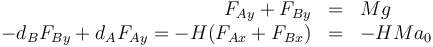 \begin{array}{rcl} F_{Ay}+F_{By} & = & Mg \\
-d_BF_{By}+d_AF_{Ay}= -H(F_{Ax}+F_{Bx}) & = & -HMa_0
\end{array}