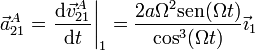 \vec{a}^A_{21} = \left.\frac{\mathrm{d}\vec{v}^A_{21}}{\mathrm{d}t}\right|_1=\frac{2a\Omega^2\mathrm{sen}(\Omega t)}{\cos^3(\Omega t)}\vec{\imath}_1