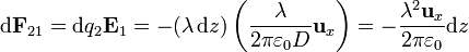 \mathrm{d}\mathbf{F}_{21}=\mathrm{d}q_2\mathbf{E}_1 = -(\lambda\,\mathrm{d}z) \left(\frac{\lambda}{2\pi\varepsilon_0D}\mathbf{u}_x\right) = -\frac{\lambda^2\mathbf{u}_x}{2\pi\varepsilon_0}\mathrm{d}z