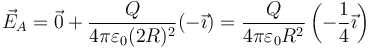 \vec{E}_A=\vec{0} +\frac{Q}{4\pi\varepsilon_0(2R)^2}(-\vec{\imath})=\frac{Q}{4\pi\varepsilon_0R^2}\left(-\frac{1}{4}\vec{\imath}\right)