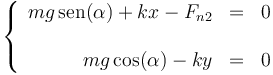 \left\{\begin{array}{rcl} mg\,\mathrm{sen}(\alpha) + kx -F_{n2} & = & 0 \\ && \\ mg\cos(\alpha) - ky  & = & 0 \end{array}\right.