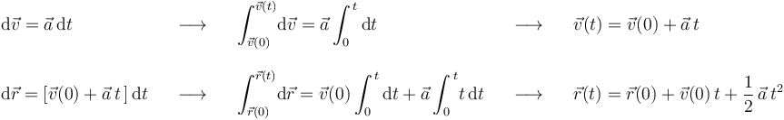 
\begin{array}{lllll} \mathrm{d}\vec{v}=\vec{a}\,\mathrm{d}t & \,\,\,\,\,\longrightarrow\,\,\,\,\, & \displaystyle\int_{\vec{v}(0)}^{\vec{v}(t)}\!\mathrm{d}\vec{v}=\vec{a}\displaystyle\int_{0}^{\, t}\mathrm{d}t & \,\,\,\,\,\longrightarrow\,\,\,\,\, & \vec{v}(t)=\vec{v}(0)+\vec{a}\,t \\ \\
\mathrm{d}\vec{r}=[\vec{v}(0)+\vec{a}\,t\,]\,\mathrm{d}t & \,\,\,\,\,\longrightarrow\,\,\,\,\, & \displaystyle\int_{\vec{r}(0)}^{\vec{r}(t)}\!\mathrm{d}\vec{r}=\vec{v}(0)\displaystyle\int_{0}^{\, t}\mathrm{d}t+\vec{a}\displaystyle\int_{0}^{\, t}\!t\,\mathrm{d}t & \,\,\,\,\,\longrightarrow\,\,\,\,\, & \vec{r}(t)=\vec{r}(0)+\vec{v}(0)\,t+\displaystyle\frac{1}{2}\,\vec{a}\,t^2\end{array}
