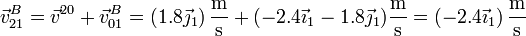 \vec{v}^B_{21}=\vec{v}^{20}+\vec{v}^B_{01} = (1.8\vec{\jmath}_1)\,\frac{\mathrm{m}}{\mathrm{s}}+(-2.4\vec{\imath}_1-1.8\vec{\jmath}_1)\frac{\mathrm{m}}{\mathrm{s}} = (-2.4\vec{\imath}_1)\,\frac{\mathrm{m}}{\mathrm{s}}