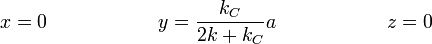 
  \left.
  \begin{array}{ccccc}
    x=0&\qquad\qquad& y= \dfrac{k_C}{2k+k_C}a&\qquad\qquad&z=0
  \end{array}
  \right.
