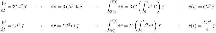 
\begin{array}{lllllll}\displaystyle\frac{\mathrm{d}\vec{v}}{\mathrm{d}t}=3C t^2\,\vec{\jmath} & \,\,\,\,\,\longrightarrow\,\,\,\,\, & \mathrm{d}\vec{v}=3\,C t^2\,\mathrm{d}t\,\vec{\jmath} & \,\,\,\,\,\longrightarrow\,\,\,\,\, & \displaystyle\int_{\vec{v}(0)}^{\vec{v}(t)}\!\mathrm{d}\vec{v}=3\,C\left(\displaystyle\int_{0}^{t}\!t^2\,\mathrm{d}t\right)\vec{\jmath} & \,\,\,\,\,\longrightarrow\,\,\,\,\, & \vec{v}(t)=Ct^3\,\vec{\jmath} \\ \\
\displaystyle\frac{\mathrm{d}\vec{r}}{\mathrm{d}t}=Ct^3\,\vec{\jmath} & \,\,\,\,\,\longrightarrow\,\,\,\,\, & \mathrm{d}\vec{r}=Ct^3\,\mathrm{d}t\,\vec{\jmath} & \,\,\,\,\,\longrightarrow\,\,\,\,\, & \displaystyle\int_{\vec{r}(0)}^{\vec{r}(t)}\!\mathrm{d}\vec{r}=C\left(\displaystyle\int_{0}^{t}\!t^3\,\mathrm{d}t\right)\vec{\jmath} & \,\,\,\,\,\longrightarrow\,\,\,\,\, & \vec{r}(t)=\displaystyle\frac{Ct^4}{4}\,\vec{\jmath}\end{array}
