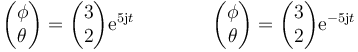 \begin{pmatrix}\phi\\ \theta\end{pmatrix} = \begin{pmatrix}3\\ 2\end{pmatrix}\mathrm{e}^{5\mathrm{j}t}\qquad\qquad \begin{pmatrix}\phi\\ \theta\end{pmatrix} = \begin{pmatrix}3\\ 2\end{pmatrix}\mathrm{e}^{-5\mathrm{j}t}