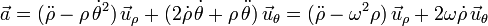  \vec{a} = (\ddot{\rho}-\rho\,\dot{\theta}^{2})\,\vec{u}_{\rho}+(2\dot{\rho}\,\dot{\theta}+\rho\,\ddot{\theta})\,\vec{u}_{\theta} = (\ddot{\rho}-\omega^{2}\rho)\,\vec{u}_{\rho}+2\omega\dot{\rho}\,\vec{u}_{\theta}
