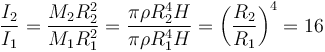 \frac{I_2}{I_1}=\frac{M_2R_2^2}{M_1R_1^2}= \frac{\pi \rho R_2^4 H}{\pi\rho R_1^4 H}=\left(\frac{R_2}{R_1}\right)^4 = 16