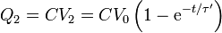 Q_2=CV_2 = CV_0\left(1-\mathrm{e}^{-t/\tau'}\right)