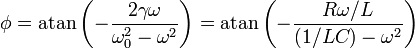 
\phi = \mathrm{atan}\left(-\frac{2\gamma\omega}{\omega_0^2-\omega^2}\right)= \mathrm{atan}\left(-\frac{R\omega/L}{(1/LC)-\omega^2}\right)
