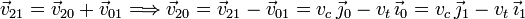 \vec{v}_{21} = \vec{v}_{20} + \vec{v}_{01} \Longrightarrow \vec{v}_{20} = \vec{v}_{21} - \vec{v}_{01}
= v_c\,\vec{\jmath}_0 - v_t\,\vec{\imath}_0 = v_c\,\vec{\jmath}_1 - v_t\,\vec{\imath}_1