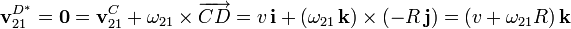 
\mathbf{v}^{D^*}_{21}=\mathbf{0} = \mathbf{v}^C_{21}+\mathbf{\omega}_{21}\times\overrightarrow{CD}=
v\,\mathbf{i}+(\omega_{21}\,\mathbf{k})\times(-R\,\mathbf{j})=(v+\omega_{21}R)\,\mathbf{k}
