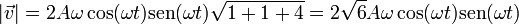 |\vec{v}| = 2A\omega \cos(\omega t)\mathrm{sen}(\omega t)\sqrt{1+1+4}=2\sqrt{6}A\omega \cos(\omega t)\mathrm{sen}(\omega t)