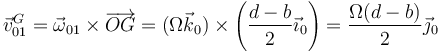 \vec{v}^G_{01}=\vec{\omega}_{01}\times\overrightarrow{OG}=(\Omega\vec{k}_0)\times\left(\frac{d-b}{2}\vec{\imath}_0\right)=\frac{\Omega(d-b)}{2}\vec{\jmath}_0