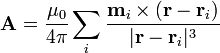 \mathbf{A}=\frac{\mu_0}{4\pi}\sum_i\frac{\mathbf{m}_i\times(\mathbf{r}-\mathbf{r}_i)}{|\mathbf{r}-\mathbf{r}_i|^3}