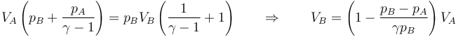 V_A\left(p_B+\frac{p_A}{\gamma-1}\right)=p_BV_B\left(\frac{1}{\gamma-1}+1\right)\qquad\Rightarrow\qquad V_B=\left(1-\frac{p_B-p_A}{\gamma p_B}\right)V_A