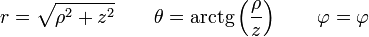 r = \sqrt{\rho^2+z^2}\qquad \theta= \mathrm{arctg}\left(\frac{\rho}{z}\right)\qquad \varphi = \varphi