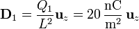 \mathbf{D}_1 = \frac{Q_1}{L^2}\mathbf{u}_z = 20\,\frac{\mathrm{nC}}{\mathrm{m}^2}\,\mathbf{u}_z