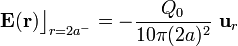 \mathbf{E}(\mathbf{r})\big\rfloor_{r=2a^-}=-\frac{Q_0}{10\pi(2a)^2}\ \mathbf{u}_r