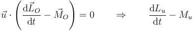 \vec{u}\cdot\left(\frac{\mathrm{d}\vec{L}_O}{\mathrm{d}t}-\vec{M}_O\right)=0\qquad\Rightarrow\qquad \frac{\mathrm{d}L_u}{\mathrm{d}t}-M_u