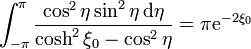 \int_{-\pi}^\pi \frac{\cos^2\eta\sin^2\eta\,\mathrm{d}\eta}{\cosh^2\xi_0-\cos^2\eta} =\pi \mathrm{e}^{-2\xi_0}