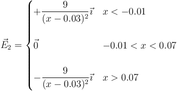 \vec{E}_2 = \begin{cases}+\dfrac{9}{(x-0.03)^2}\vec{\imath} & x < -0.01 \\ & \\ \vec{0} & -0.01 < x < 0.07 \\ & \\ -\dfrac{9}{(x-0.03)^2}\vec{\imath} & x > 0.07\end{cases} 
