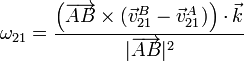 \omega_{21}=\frac{\left(\overrightarrow{AB}\times(\vec{v}^B_{21}-\vec{v}^A_{21})\right)\cdot\vec{k}}{|\overrightarrow{AB}|^2}