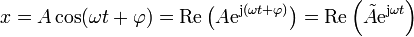 x = A \cos(\omega t + \varphi) = \mathrm{Re}\left(A \mathrm{e}^{\mathrm{j}(\omega t + \varphi)}\right) = \mathrm{Re}\left(\tilde{A}\mathrm{e}^{\mathrm{j}\omega t}\right)