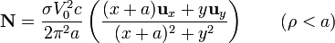 \mathbf{N}=\frac{\sigma V_0^2c}{2\pi^2 a}\left(\frac{(x+a)\mathbf{u}_x+y\mathbf{u}_y}{(x+a)^2+y^2}\right)\qquad(\rho<a)