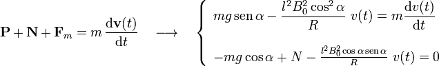 \mathbf{P}+\mathbf{N}+\mathbf{F}_m=m\!\ \frac{\mathrm{d}\mathbf{v}(t)}{\mathrm{d}t}\quad\longrightarrow\quad\left\{\begin{array}{l}\displaystyle mg\,\mathrm{sen}\,\alpha-\frac{l^2B_0^2\cos^2\alpha}{R}\ v(t)=m\frac{\mathrm{d}v(t)}{\mathrm{d}t}\\ \\ -mg\cos\alpha+N-\frac{l^2B_0^2\cos\alpha\,\mathrm{sen}\,\alpha}{R}\ v(t)=0\end{array}\right.