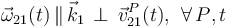 \vec{\omega}_{21}(t)\!\ \|\!\ \vec{k}_1 \!\ \perp\!\ \vec{v}_{21}^P(t)\mathrm{,}\;\; \forall\,P\mathrm{,}\!\ t
