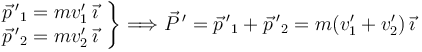 
\left.
\begin{array}{l}
\vec{p}{\,'}_1 = mv_1'\,\vec{\imath}\\
\vec{p}{\,'}_2 = mv_2'\,\vec{\imath}
\end{array}
\right\}
\Longrightarrow
\vec{P}{\,'} = \vec{p}{\,'}_1 + \vec{p}{\,'}_2 = m(v_1' + v_2')\,\vec{\imath}
