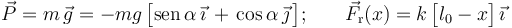 \vec{P}=m\!\ \vec{g}=-mg \!\ \big[\mathrm{sen}\!\ \alpha\!\ \vec{\imath}\!\ + \!\ \cos\alpha\!\ \vec{\jmath}\!\ \big]\mathrm{;}\qquad\vec{F}_\mathrm{r}(x)=k\!\ \big[l_0-x\big]\!\ \vec{\imath}