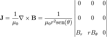 \mathbf{J} = \frac{1}{\mu_0}\nabla\times\mathbf{B} = \frac{1}{\mu_0r^2\mathrm{sen}(\theta)}\left|\begin{matrix}0 & 0 & 0\\ & & \\ 0 & 0 & 0 \\ & & \\ B_r & rB_\theta & 0\end{matrix}\right|
