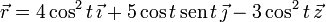 \vec{r}=4\cos^2t\,\vec{\imath}+5\cos t\,\mathrm{sen}\,t\,\vec{\jmath}-3\cos^2t\,\vec{z}