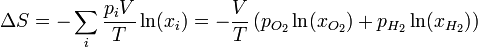 \Delta S = -\sum_i\frac{p_iV}{T}\ln(x_i) = -\frac{V}{T}\left(p_{O_2}\ln(x_{O_2})+p_{H_2}\ln(x_{H_2})\right)