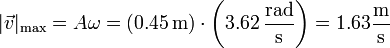 |\vec{v}|_\mathrm{max}=A\omega = \left(0.45\,\mathrm{m}\right)\cdot\left(3.62 \,\frac{\mathrm{rad}}{\mathrm{s}}\right) = 1.63\frac{\mathrm{m}}{\mathrm{s}}