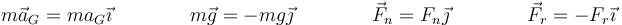 m\vec{a}_G = ma_G\vec{\imath}\qquad\qquad m\vec{g}=-mg\vec{\jmath}\qquad\qquad\vec{F}_n = F_n\vec{\jmath}\qquad\qquad \vec{F}_r = -F_r\vec{\imath}