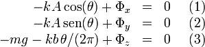 \begin{array}{rcl} -kA\,\mathrm{cos}(\theta)+\Phi_x & = & 0 \,\,\,\,\,\,\,\,(1)\\ -kA\,\mathrm{sen}(\theta)+\Phi_y & = & 0 \,\,\,\,\,\,\,\, (2)\\ -mg-kb\,\theta/(2\pi)+\Phi_z & = & 0 \,\,\,\,\,\,\,\, (3)
\end{array}
