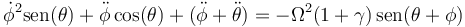 \dot{\phi}^2\mathrm{sen}(\theta)+\ddot{\phi}\cos(\theta)+(\ddot{\phi}+\ddot{\theta})=-\Omega^2(1+\gamma)\,\mathrm{sen}(\theta+\phi)