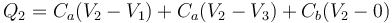 Q_2 = C_a(V_2-V_1)+C_a(V_2-V_3)+C_b (V_2-0)\,